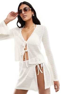The Frolic pasha tie front long sleeve beach shirt in cream - part of a set-White