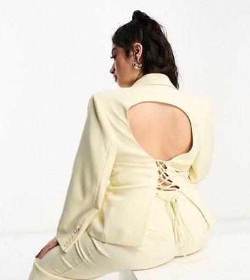 The Frolic Plus backless blazer with tie up detail in vanilla - part of a set-Neutral