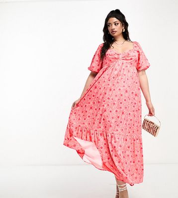 The Frolic Plus daisy print bust detail maxi smock dress in coral-Orange