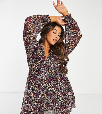 The Frolic Plus flippy mini tea dress with mesh sleeves and twist front in ditsy floral-Multi