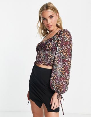 The Frolic puff mesh sleeve blouse with tie ruched bust in ditsy floral-Multi