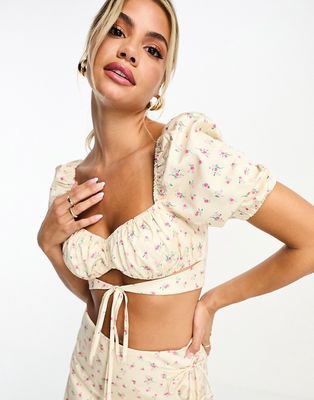 The Frolic puff sleeve milkmaid crop top with strap detail in vintage floral - part of a set-Multi