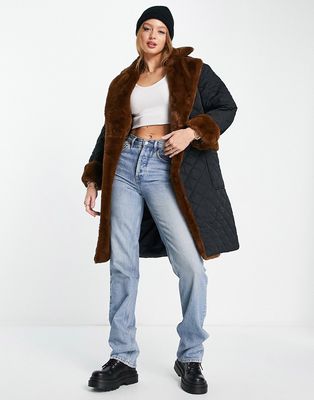The Frolic quilted faux fur trim coat in black and brown