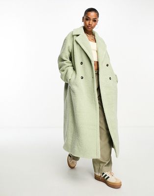 The Frolic soft borg double breasted cocoon coat in soft sage-Green