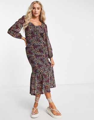 The Frolic square neck midi tea dress with mesh sleeves in micro floral-Multi