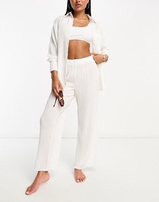 The Frolic tourmaline shirred wide long pants in white pleated texture - part of a set