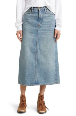 THE GREAT. The Column Denim Midi Skirt in Monterey Wash