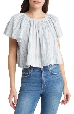 THE GREAT. The Dale Flutter Sleeve Crop Top in Saltwater Stripe