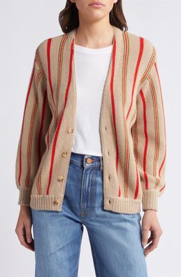 THE GREAT. The Everett Stripe Baby Alpaca Cardigan in Oatmeal Heritage Stripe 