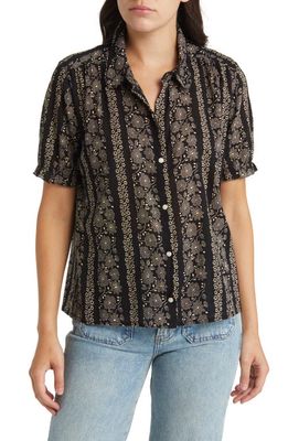 THE GREAT. The Kerchief Short Sleeve Cotton Button-Up Shirt in Black /cream Token Floral