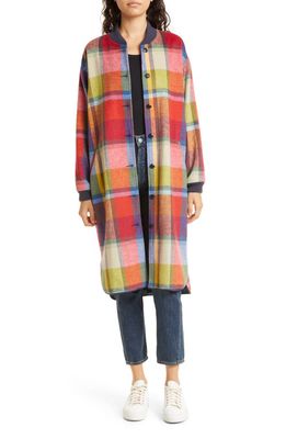 THE GREAT. The Long Plaid Wool Blend Bomber Jacket in Bright Mixed Plaid