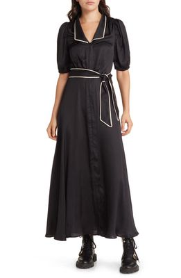 THE GREAT. The Melody Belted Puff Sleeve Maxi Dress in Black W/Cream Piping