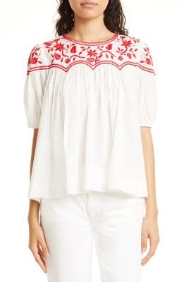 THE GREAT. The Sun Prairie Embroidery Top in White W/Red Wood Floral