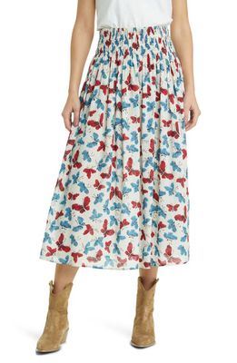 THE GREAT. The Viola Butterfly Smocked Waist Cotton Midi Skirt in Butterfly Floral