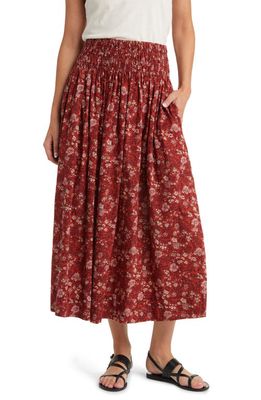 THE GREAT. The Viola Floral Smocked Waist Cotton Midi Skirt in Spice Mesa Floral