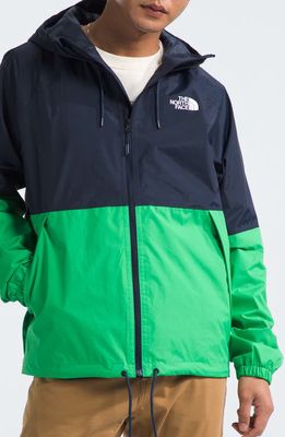 The North Face Antora Waterproof Hooded Rain Jacket in Summit Navy/Optic Emerald