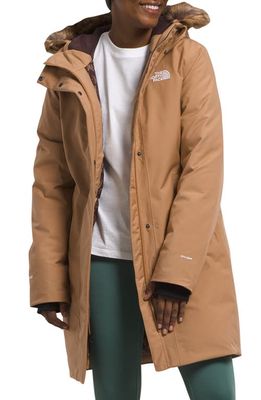 The North Face Arctic Waterproof 600-Fill-Power Down Parka with Faux Fur Trim in Almond Butter Tnf Monogram Lrg