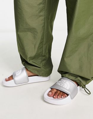 The North Face Base Camp III logo metallic sliders in white and silver