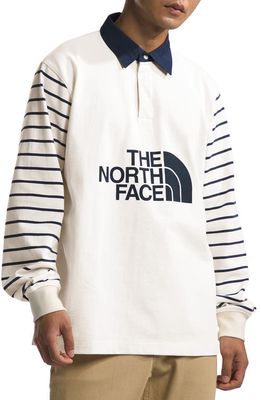 The North Face Cotton Graphic Rugby Shirt in White Dune Window Blind Stripe
