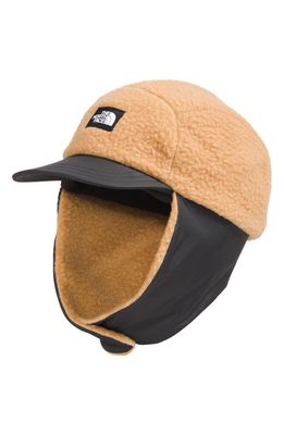The North Face Kids' Forrest Water Repellent High Pile Fleece Trapper Hat in Almond Butter/Tnf Black
