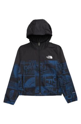 The North Face Kids' Never Stop Print WindWall Water Repellent Hooded Jacket in Shady Blue Logo Spray Print