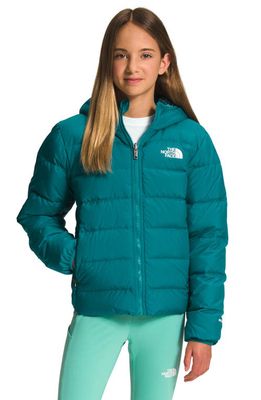 The North Face Kids' Print Reversible 600-Fill Power Down Hooded Jacket in Harbor Blue