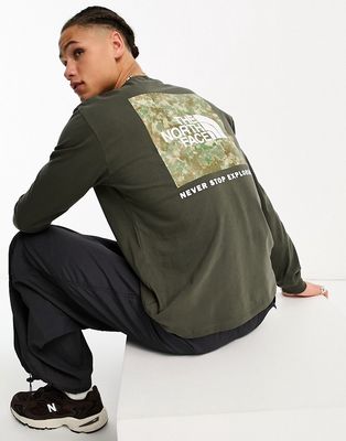 The North Face NSE long sleeve camo back print t-shirt in khaki-Green