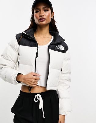 The North Face Nuptse cropped down puffer jacket in white and black