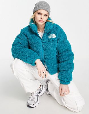 The North Face Nuptse cropped high pile down puffer jacket in teal-Blue