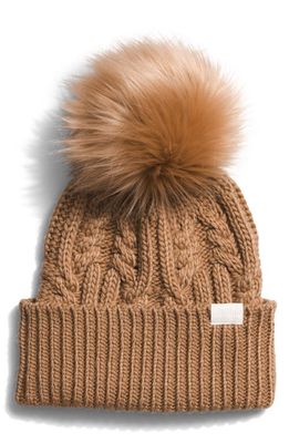 The North Face Oh Mega Faux Fur Pom Beanie in Almond Butter