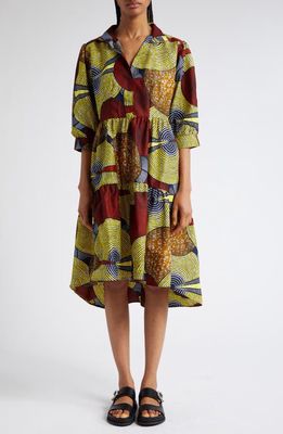 The Oula Company Geo Print Tiered High-Low Dress in Rust Yellow Blue