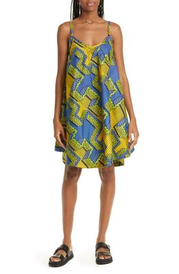 The Oula Company Geo Print Trapeze Sundress in Blue Yellow Green
