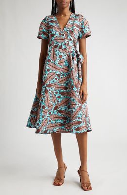 The Oula Company Leaf Print Cotton Blend Wrap Dress in Cocoa Mist