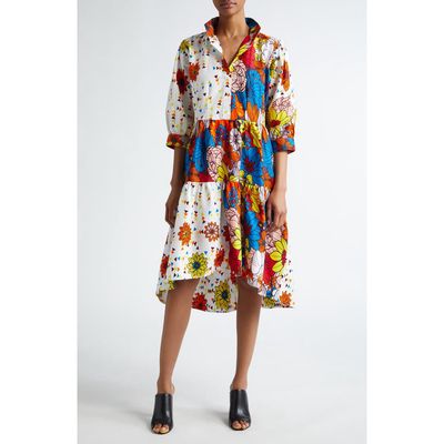 The Oula Company Mixed Print Tiered High-Low Shirtdress in Blue Orange Ruby Golden 