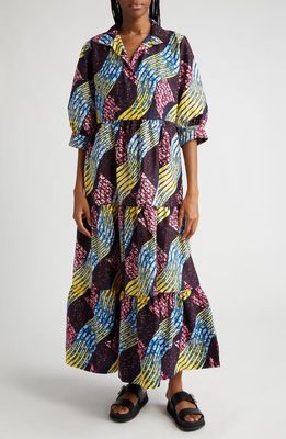 The Oula Company Print Cotton Maxi Dress in Plum Blue Yellow