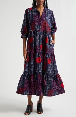 The Oula Company Tiered Cotton Midi Shirtdress in Blue Black Hot Pink