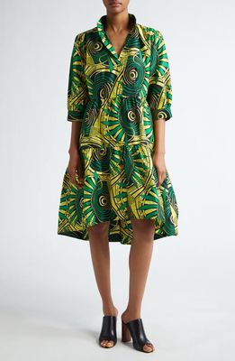 The Oula Company Tiered High-Low Cotton Shirtdress in Green Golden