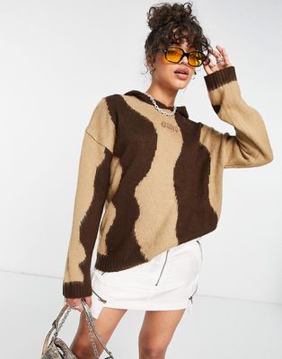 The Ragged Priest fluffy intarsia knit hoodie in brown