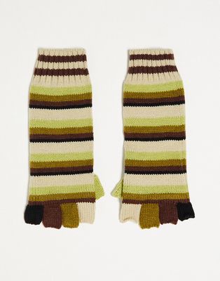 The Ragged Priest fluffy striped fingerless gloves in green-Multi