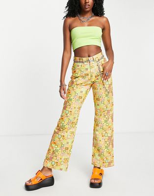 The Ragged Priest high waisted mom pants in retro print with square waist belt-Multi