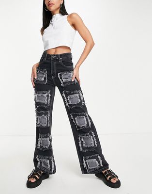 The Ragged Priest relaxed straight leg jeans in charcoal patchwork front-Black