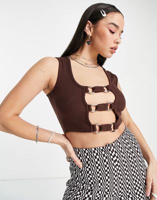 The Ragged Priest ribbed crop tank top with plunge ring front detail in brown