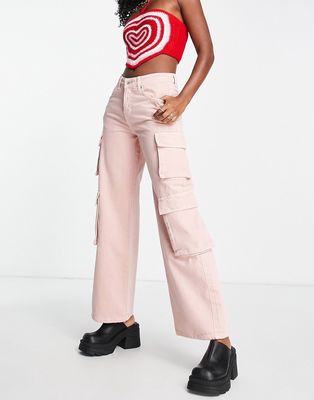 The Ragged Priest wide leg relaxed cargo jeans in baby pink