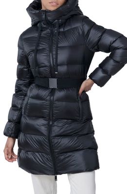 The Recycled Planet Company Nadian Belted Water Resistant Recycled Nylon Down Puffer Jacket in Black