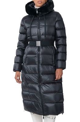 The Recycled Planet Company Romi Belted Faux Fur Trim Water Resistant Puffer Coat in Black