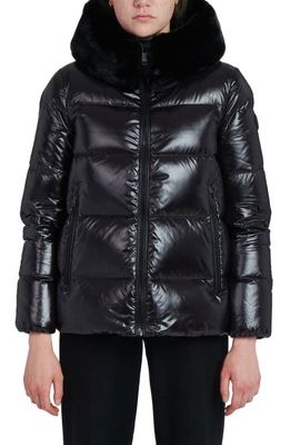 The Recycled Planet Company Water Resistant Nylon Down Puffer Coat with Faux Fur Trim in Black