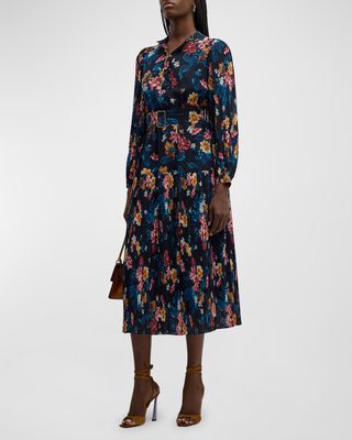 The Rey Pleated Floral-Print Midi Shirtdress