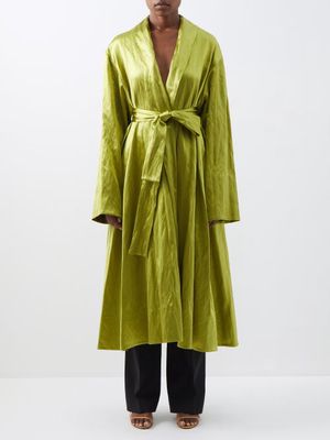 The Row - Emeline Belted Crinkled Silk-blend Coat - Womens - Green