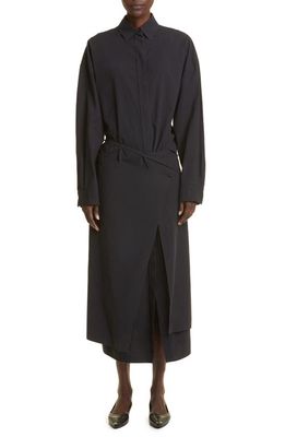 The Row Hempy Long Sleeve Cotton Poplin Wrap Midi Shirtdress in Black