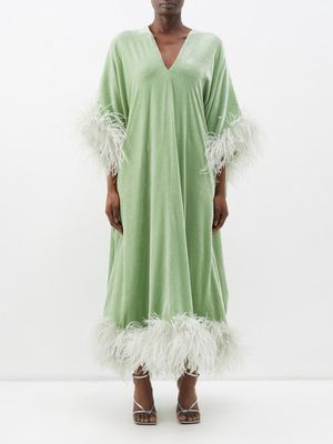 The Vampire's Wife - The Ghosteen Feather-trim Velvet Kaftan Gown - Womens - Light Green